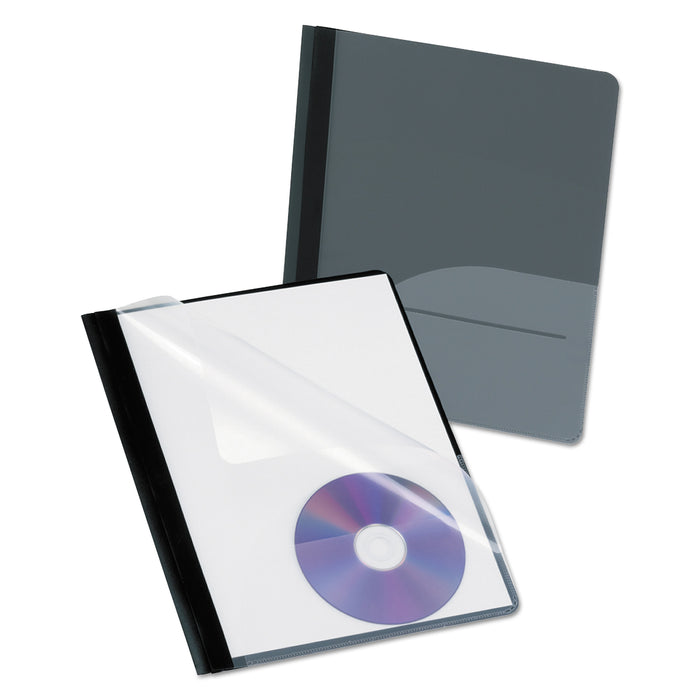 Clear Front Report Cover, CD Pocket, 3 Fasteners, Letter, Black, 25/Box