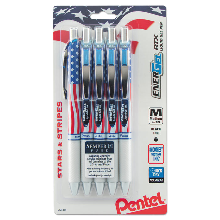 EnerGel RTX Retractable Gel Pen, 0.7 mm, Black Ink, Red/White/Blue Barrel, 5/Pack