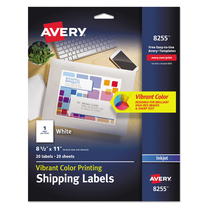 Full-Sheet Vibrant Inkjet Color-Print Labels, 8.5 x 11, Matte White, 20/Pack