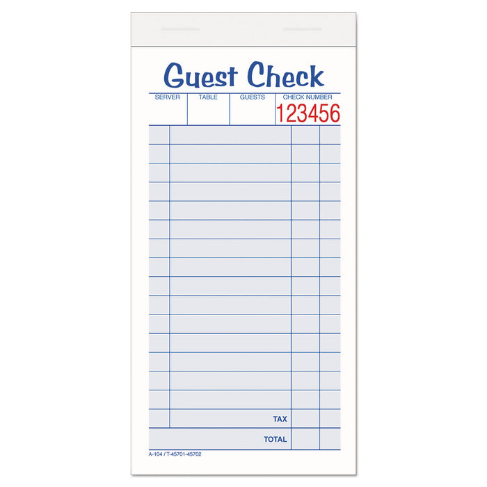 Guest Check Unit Set, Carbonless Duplicate, 6 7/8 x 3 3/8, 50 Forms, 10/Pack