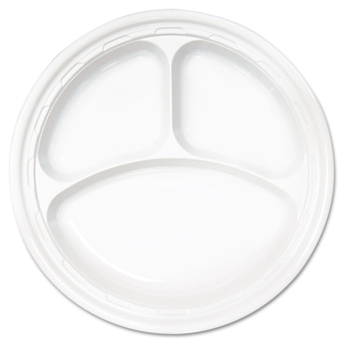 Famous Service Plastic Dinnerware, Plate, 3-Comp, 10 1/4" dia, White, 500/Carton
