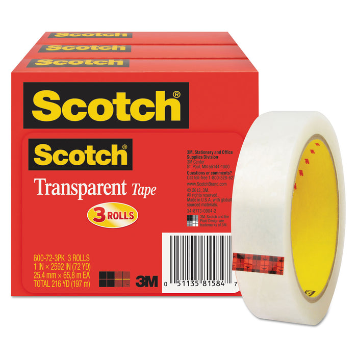 Transparent Tape, 3" Core, 1" x 72 yds, Transparent, 3/Pack