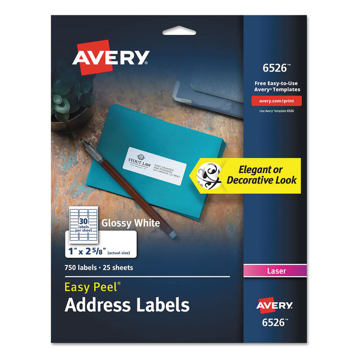 Glossy White Easy Peel Mailing Labels w/ Sure Feed Technology, Laser Printers, 1 x 2.63, White, 30/Sheet, 25 Sheets/Pack