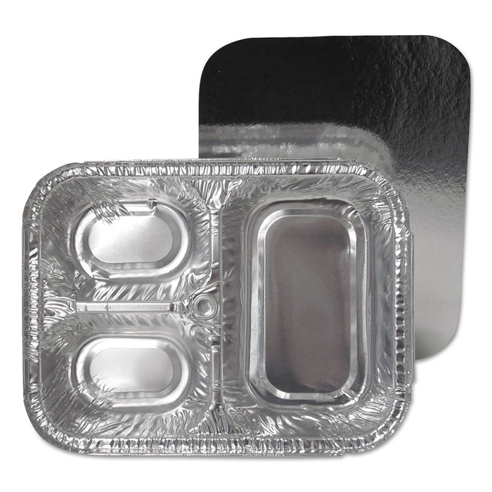 3-Compartment Oblong Aluminum Foil Container with Board Lid, 23 oz, 8.5 x 6.38 x 1.72, 250/Carton