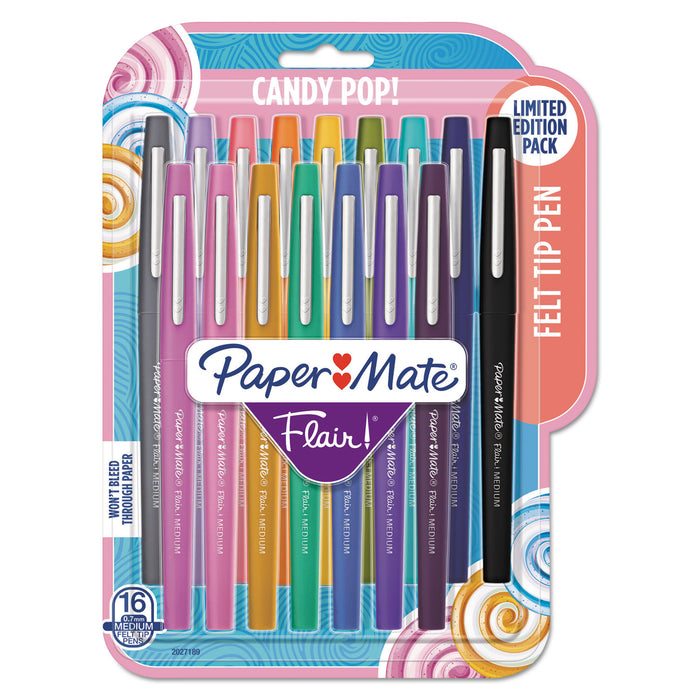Flair Felt Tip Stick Porous Point Pen, Medium 0.7 mm, Assorted Colors Ink/Barrel, 16/Pack