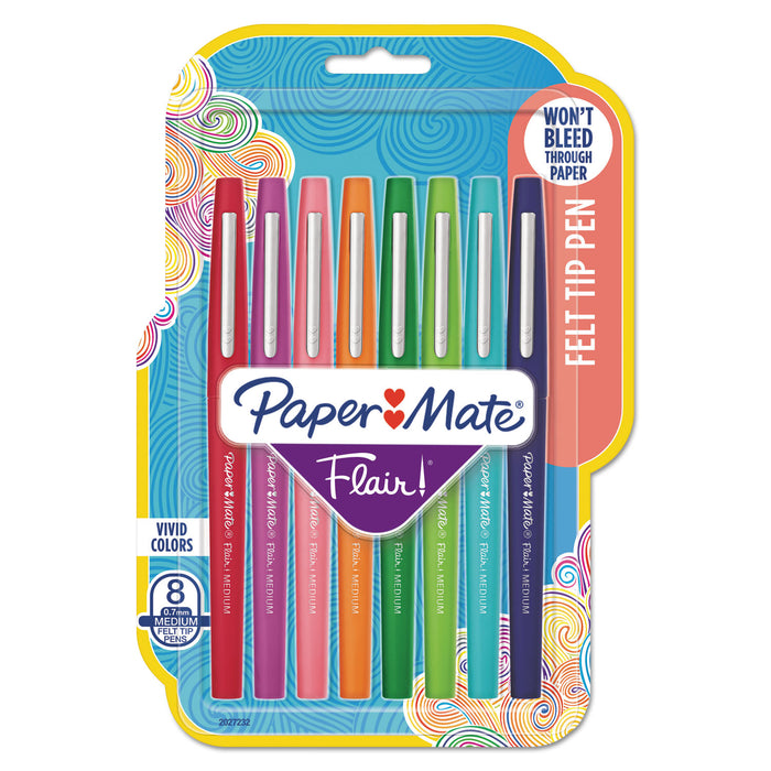 Flair Felt Tip Stick Porous Point Pen, Medium 0.7 mm, Assorted Colors Ink/Barrel, 8/Pack