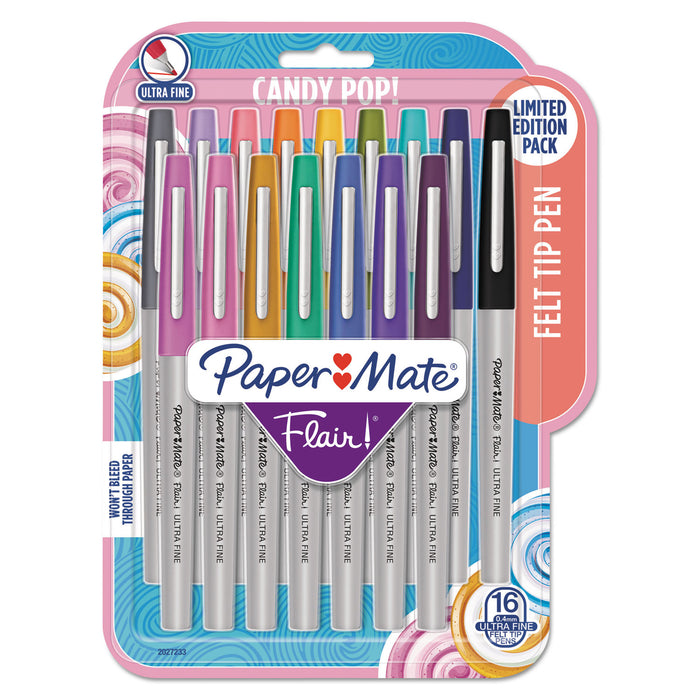 Flair Felt Tip Stick Porous Point Pen, Extra-Fine 0.4 mm, Assorted Colors Ink, Gray Barrel, 16/Pack