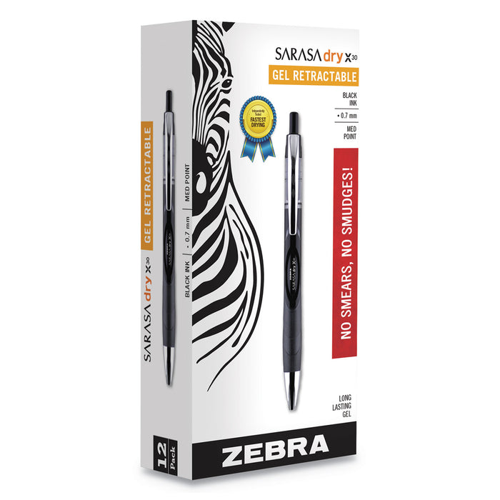 Sarasa Dry Gel X30 Retractable Gel Pen, Medium 0.7mm, Black Ink/Barrel, Dozen