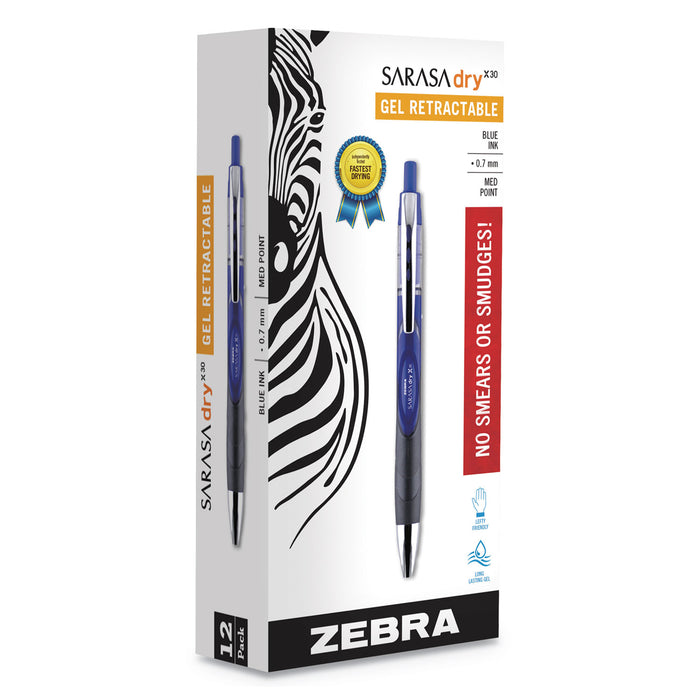 Sarasa Dry Gel X30 Retractable Gel Pen, Medium 0.7mm, Blue Ink/Barrel, Dozen