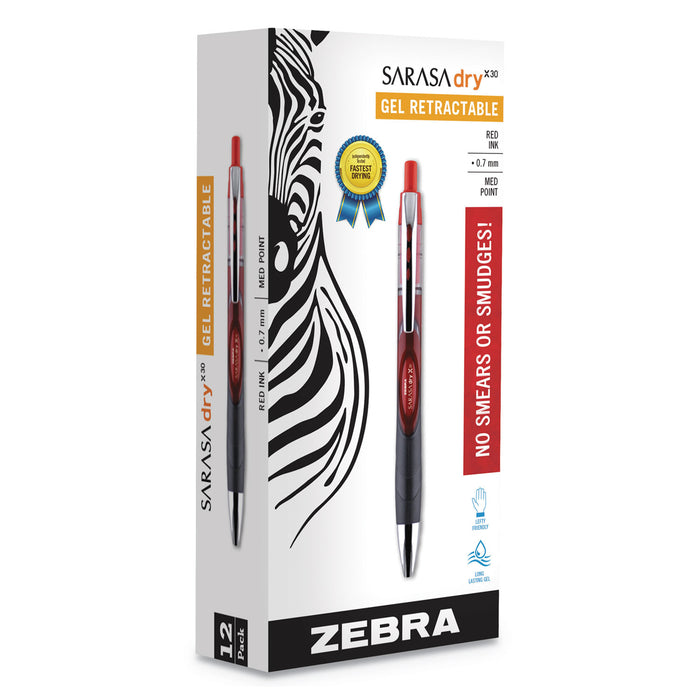 Sarasa Dry Gel X30 Retractable Gel Pen, Medium 0.7mm, Red Ink/Barrel, Dozen