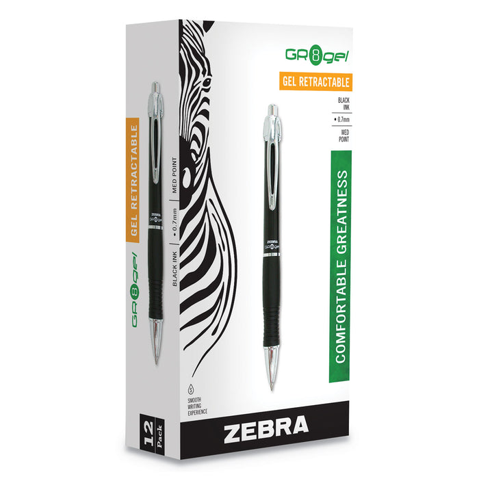 GR8 Retractable Gel Pen, Medium 0.7mm, Black Ink, Black/Silver Barrel, Dozen