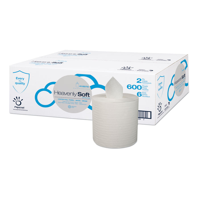 Heavenly Soft Center-Pull Towel, 2-Ply, 7.6" x 9", White, 600 Sheets/Roll, 6 Rolls/Carton