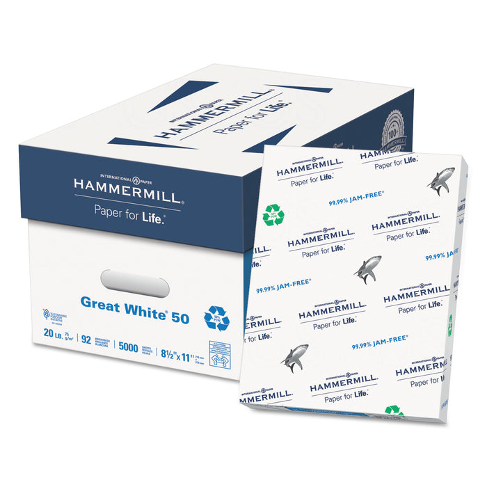 Great White 50 Recycled Print Paper, 92 Bright, 20lb, 8.5 x 11, White, 500 Sheets/Ream, 10 Reams/Carton