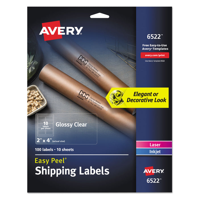 Glossy Clear Easy Peel Mailing Labels w/ Sure Feed Technology, Inkjet/Laser Printers, 2 x 4, Clear, 10/Sheet, 10 Sheets/Pack
