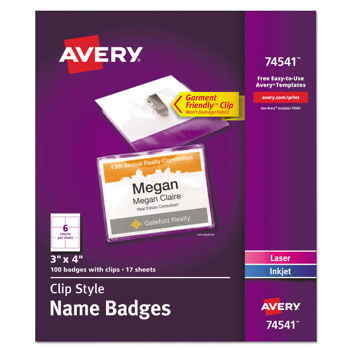 Clip-Style Name Badge Holder with Laser/Inkjet Insert, Top Load, 4 x 3, White, 100/Box