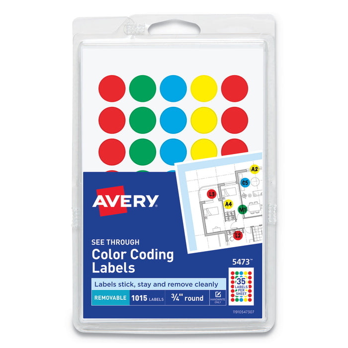 Handwrite-Only Self-Adhesive "See Through" Removable Round Color Dots, 0.75" dia., Assorted, 35/Sheet, 29 Sheets/Pack, (5473)