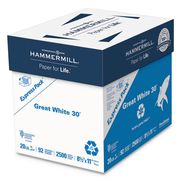 Great White 30 Recycled Print Paper, 92 Bright, 20 lb, 8.5 x 11, White, 2,500 Sheets/Carton