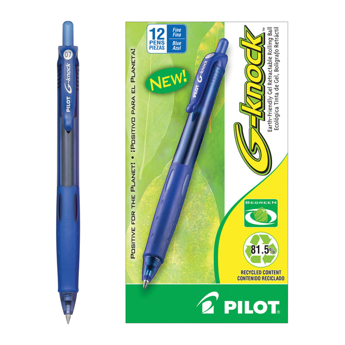 G-Knock BeGreen Retractable Gel Pen, Fine 0.7mm, Blue Ink/Barrel, Dozen
