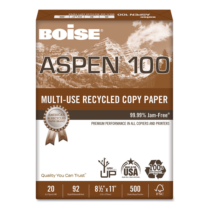 ASPEN Multi-Use Recycled Paper, 92 Bright, 20lb, 8.5 x 11, White, 500 Sheets/Ream, 10 Reams/Carton