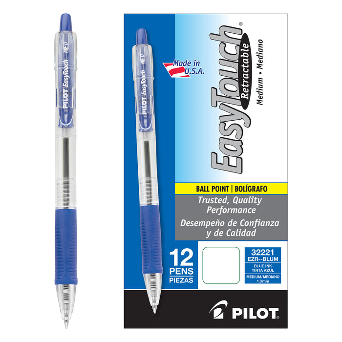 EasyTouch Retractable Ballpoint Pen, Medium 1mm, Blue Ink, Clear Barrel, Dozen