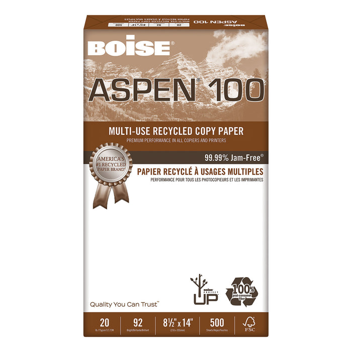 ASPEN Multi-Use Recycled Paper, 92 Bright, 20lb, 8.5 x 14, White, 500 Sheets/Ream, 10 Reams/Carton