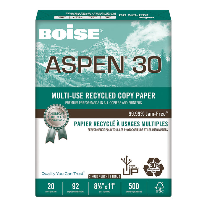 ASPEN 30 Multi-Use Recycled Paper, 92 Bright, 3-Hole, 20lb, 8.5 x 11, White, 500 Sheets/Ream, 10 Reams/Carton