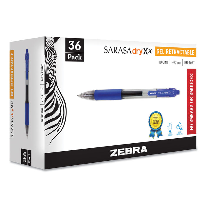 Sarasa Dry Gel X20 Retractable Gel Pen, Medium 0.7mm, Blue Ink, Translucent Blue Barrel, 36/Pack