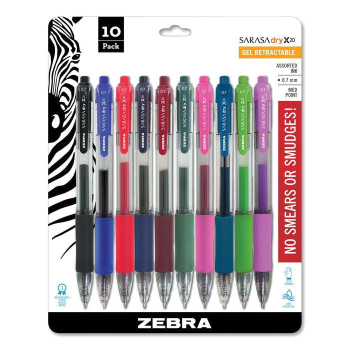 Sarasa Dry Gel X20 Retractable Gel Pen, Medium 0.7mm, Assorted Ink/Barrel, 10/Pack