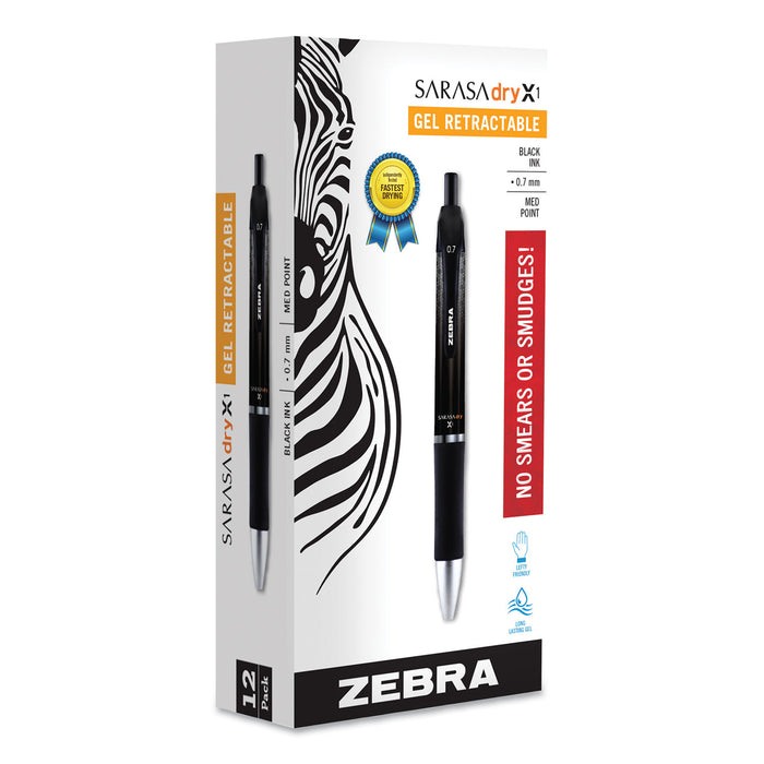 Sarasa Dry Gel X1 Retractable Gel Pen, Medium 0.7mm, Black Ink/Barrel, Dozen