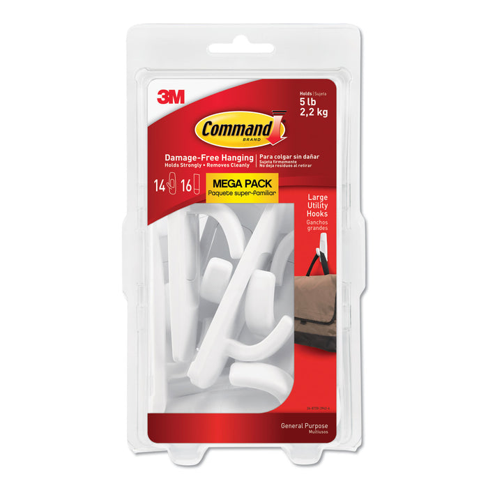 General Purpose Hooks, Large, 5 lb Cap, White, 14 Hooks and 16 Strips/Pack