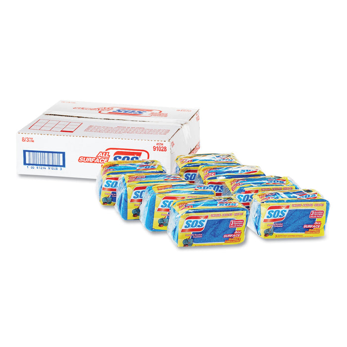 All Surface Scrubber Sponge, 2 1/2 x 4 1/2, 0.9" Thick, Blue, 3/Pack, 8 Packs/CT