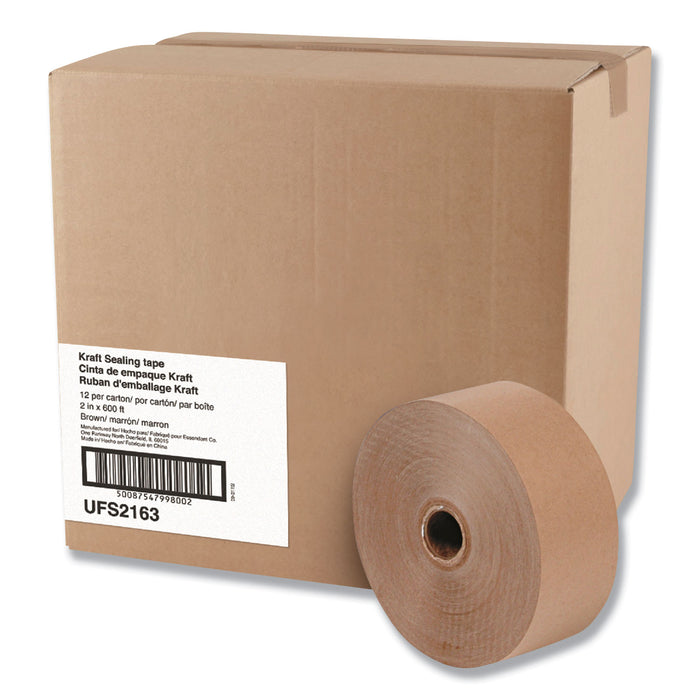 Gummed Kraft Sealing Tape, 3" Core, 2" x 600 ft, Brown, 12/Carton