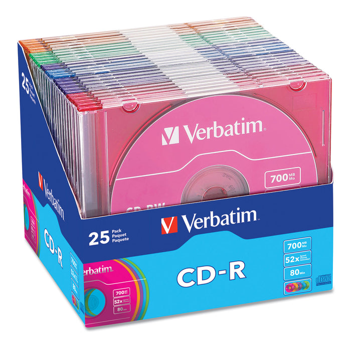 CD-R Discs, 700MB/80min, 52x, Slim Jewel Cases, Assorted Colors, 25/Pack