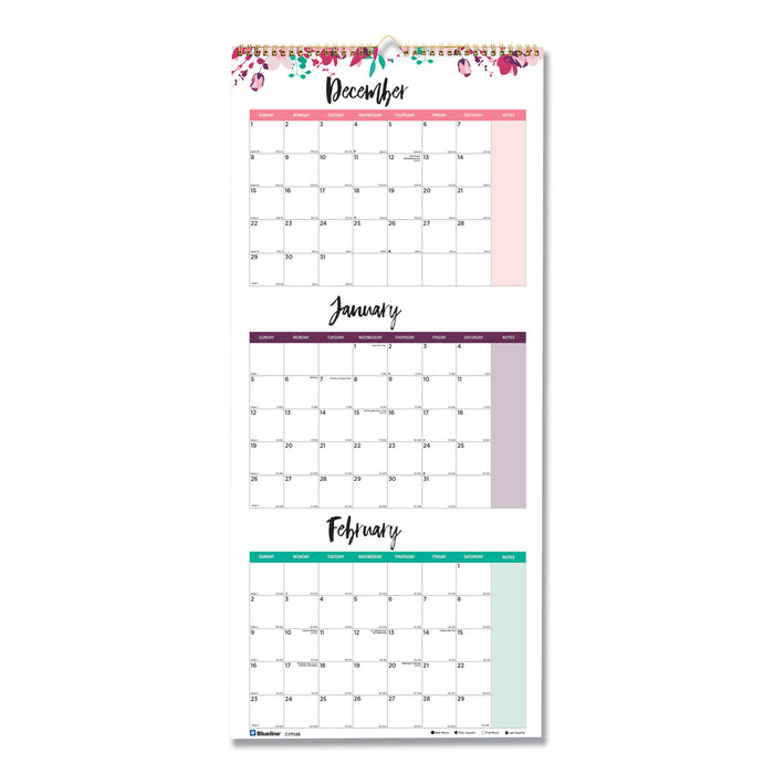 3-Month Wall Calendar, 12.25 x 27, Floral, 2021