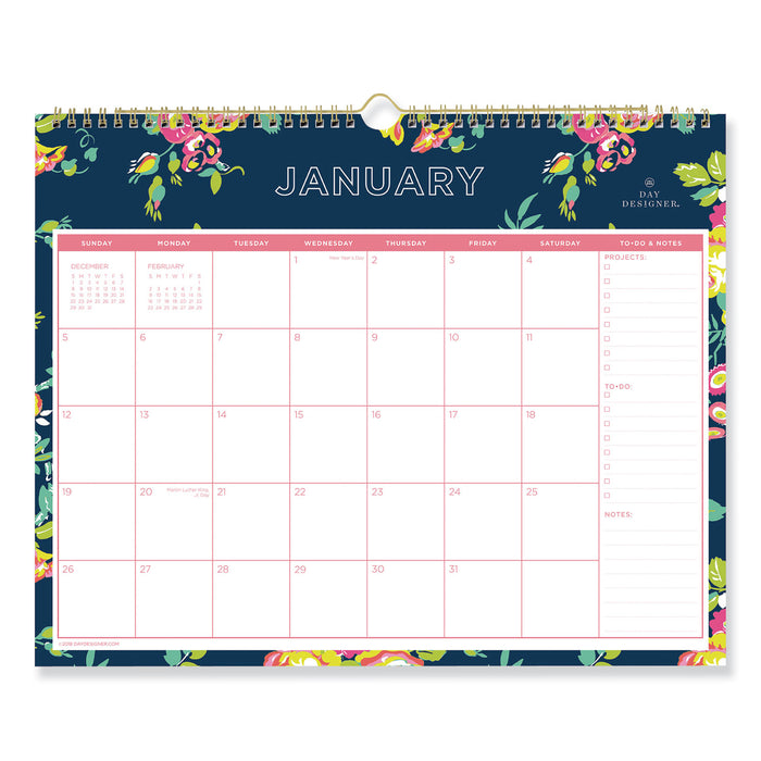 Day Designer Wirebound Wall Calendar, 15 x 12, Navy Floral, 2021