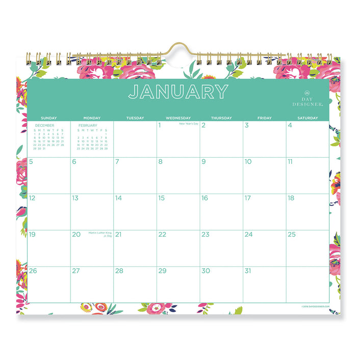 Day Designer Wirebound Wall Calendar, 11 x 8.75, White Floral, 2021