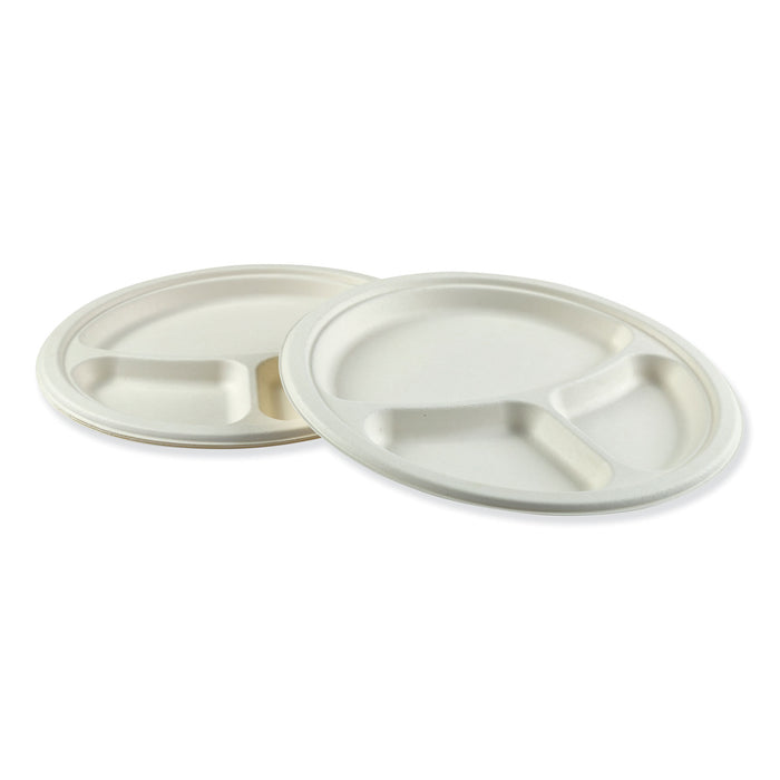 Bagasse Molded Fiber Dinnerware, 3-Compartment Plate, 10" Diameter, White, 500/Carton