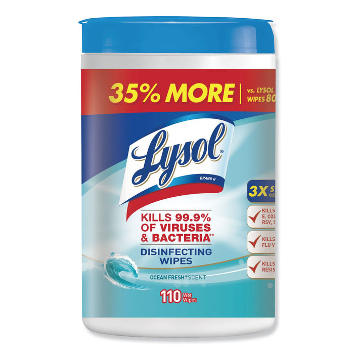 Disinfecting Wipes, 7 x 8, Ocean Fresh, 110 Wipes/Canister, 6 Canisters/Carton