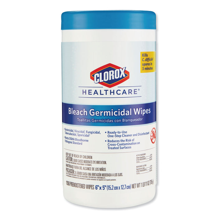 Bleach Germicidal Wipes, 6 x 5, Unscented, 150/Canister