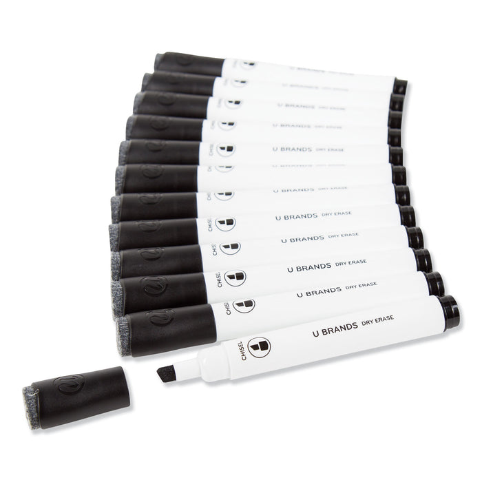 Chisel Tip Low-Odor Dry-Erase Markers with Erasers, Black, Dozen