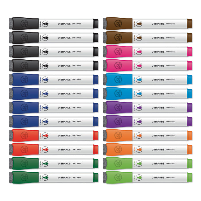 Chisel Tip Low-Odor Dry-Erase Markers with Erasers, Assorted Colors, 24/Pack