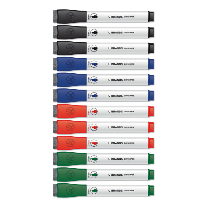 Chisel Tip Low-Odor Dry-Erase Markers with Erasers, Assorted Colors, 12/Pack
