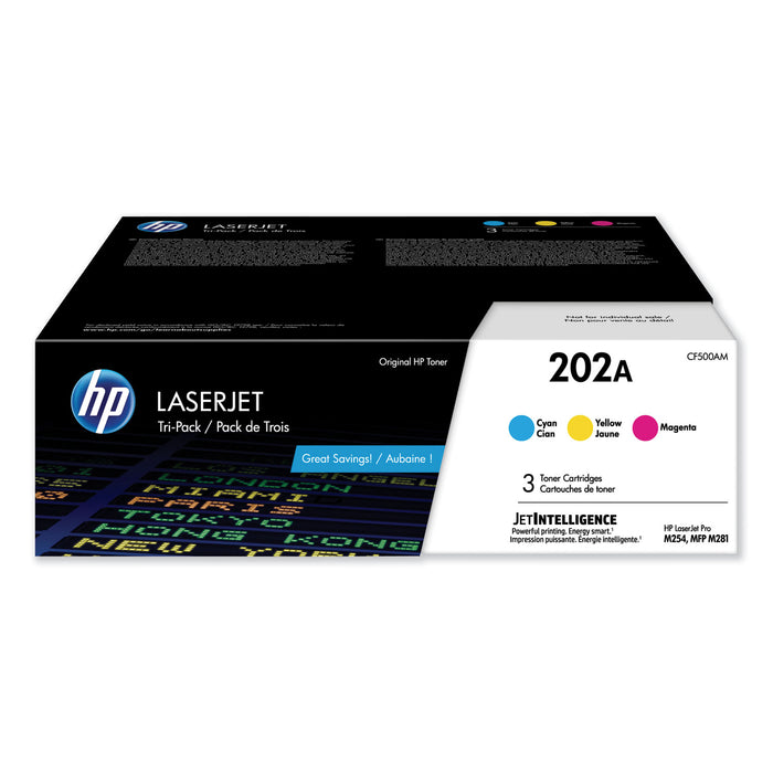 HP 202A, (CF500AM) 3-Pack Cyan/Magenta/Yellow Original LaserJet Toner Cartridges