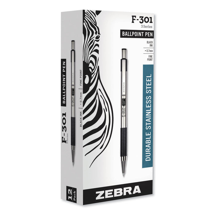 F-301 Retractable Ballpoint Pen, 0.7 mm, Black Ink, Stainless Steel/Black Barrel