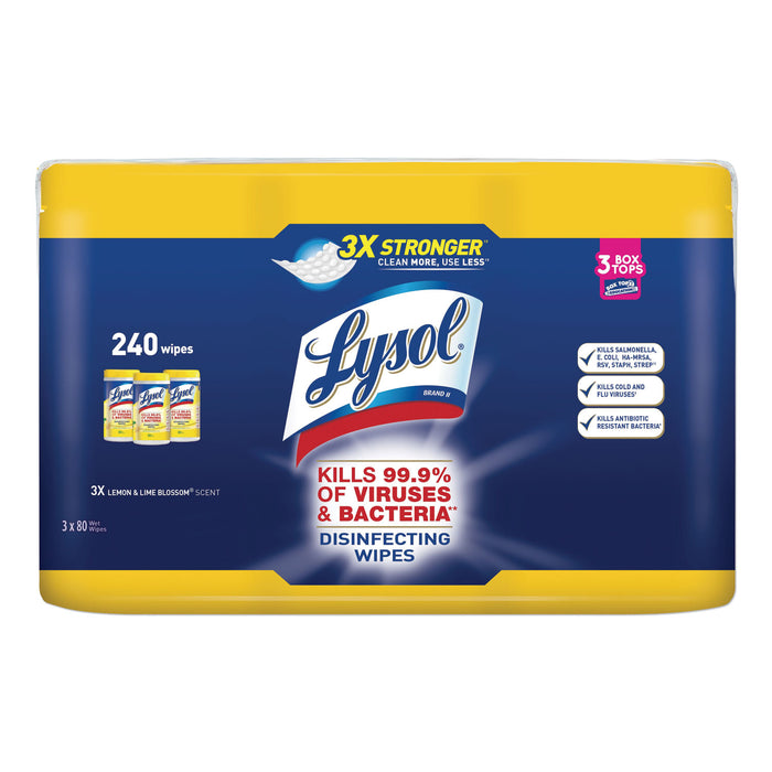 Disinfecting Wipes, 7 x 8, Lemon and Lime Blossom, 80 Wipes/Canister, 3 Canisters/Pack