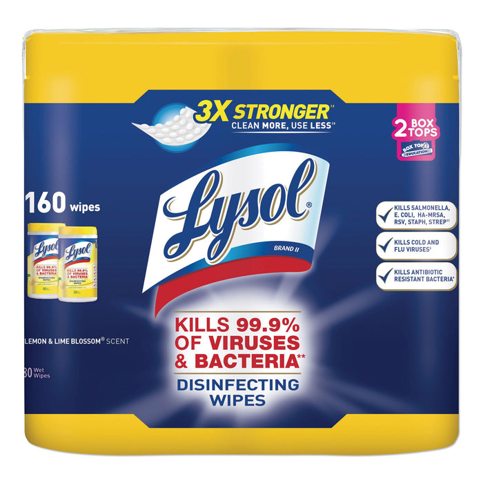 Disinfecting Wipes, 7 x 8, Lemon and Lime Blossom, 80 Wipes/Canister, 2 Canisters/Pack
