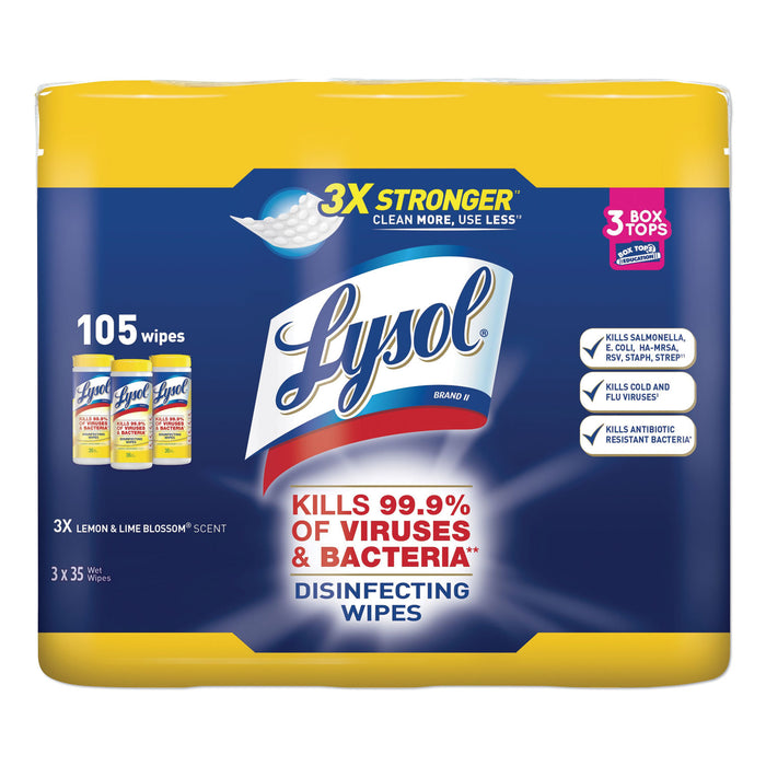 Disinfecting Wipes, 7 x 8, Lemon and Lime Blossom, 35 Wipes/Canister, 3 Canisters/Pack, 4 Packs/Carton