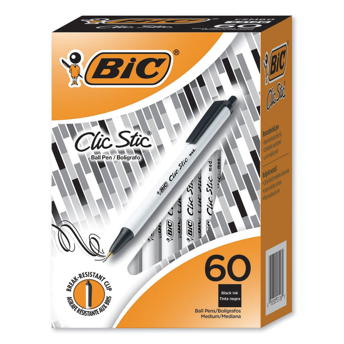 Clic Stic Retractable Ballpoint Pen, Medium 1.2 mm, Black Ink, White Barrel, 60/Pack