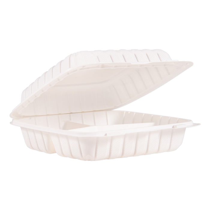 Hinged Lid Three Compartment Containers, 9" x 8.8" x 3", White, 150/Carton