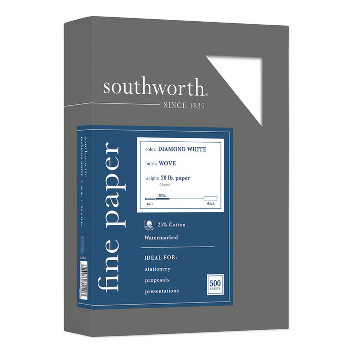 25% Cotton Diamond White Business Paper, 95 Bright, 20 lb, 8.5 x 11, 500/Ream